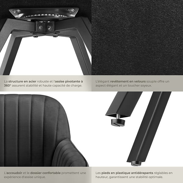 TECTAKE - Chaise pivotante à 360° avec accoudoirs en velours rembourrée noir - large