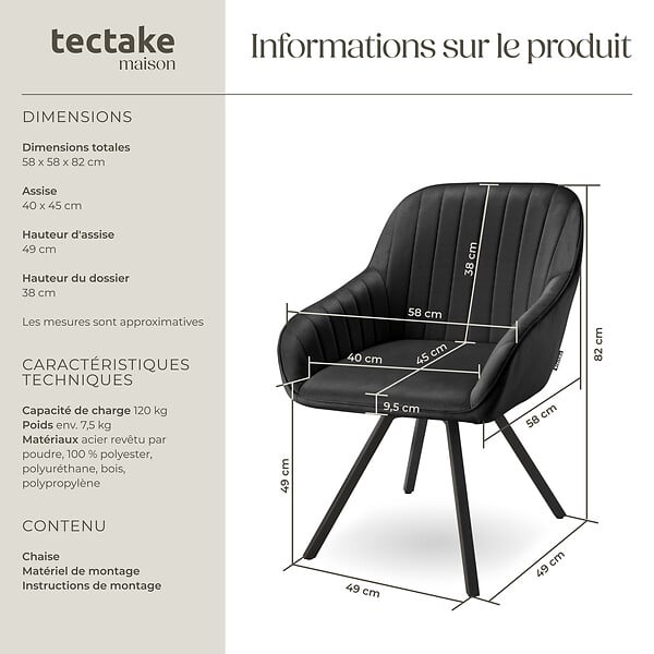 TECTAKE - Chaise pivotante à 360° avec accoudoirs en velours rembourrée noir - large