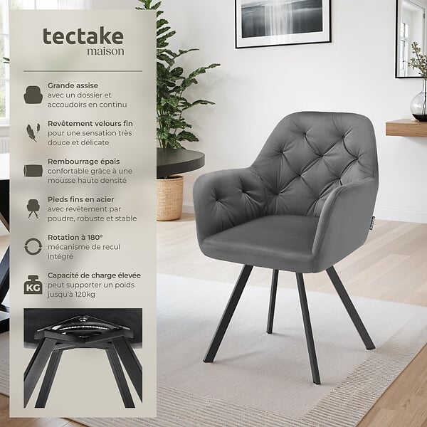 TECTAKE - Lot 6 fauteuils pivotants 180° velours rembourrés motif matelassé gris - large