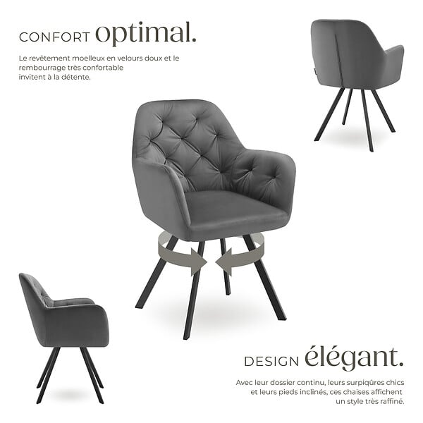 TECTAKE - Lot 6 fauteuils pivotants 180° velours rembourrés motif matelassé gris - large