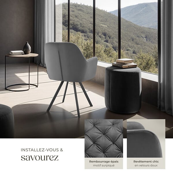 TECTAKE - Lot 6 fauteuils pivotants 180° velours rembourrés motif matelassé gris - large