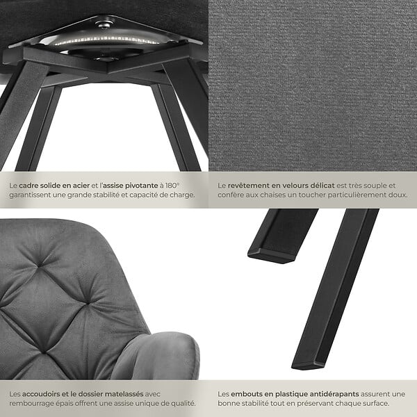 TECTAKE - Lot 6 fauteuils pivotants 180° velours rembourrés motif matelassé gris - large