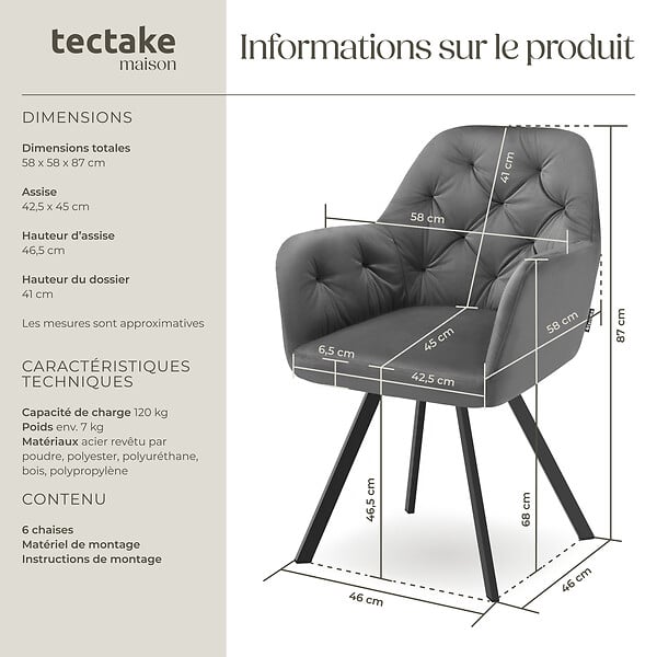 TECTAKE - Lot 6 fauteuils pivotants 180° velours rembourrés motif matelassé gris - large