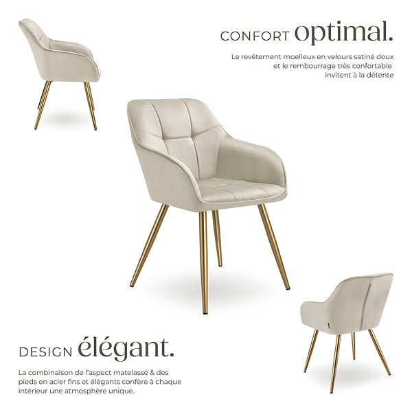 TECTAKE - Lot 6 chaises de salle à manger avec aspect velours capitonné crème/or - large