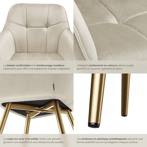 TECTAKE - Lot 6 chaises de salle à manger avec aspect velours capitonné crème/or - large