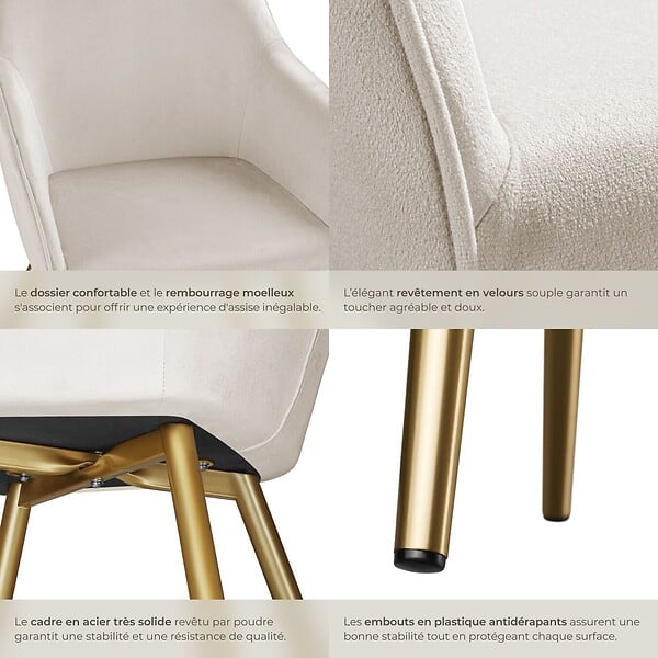 TECTAKE - Ensemble de 2 chaises rembourrées aspect velours taupe/or - large