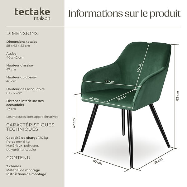 TECTAKE - Ensemble de 2 chaises cuir synthétique aspect velours vert foncé/noir - large