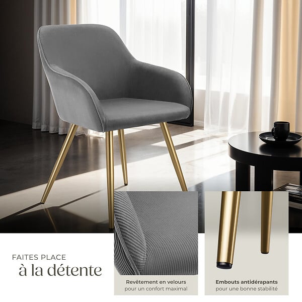 TECTAKE - Lot 2 chaises élégantes aspect corde avec forme ergonomique gris/doré - large