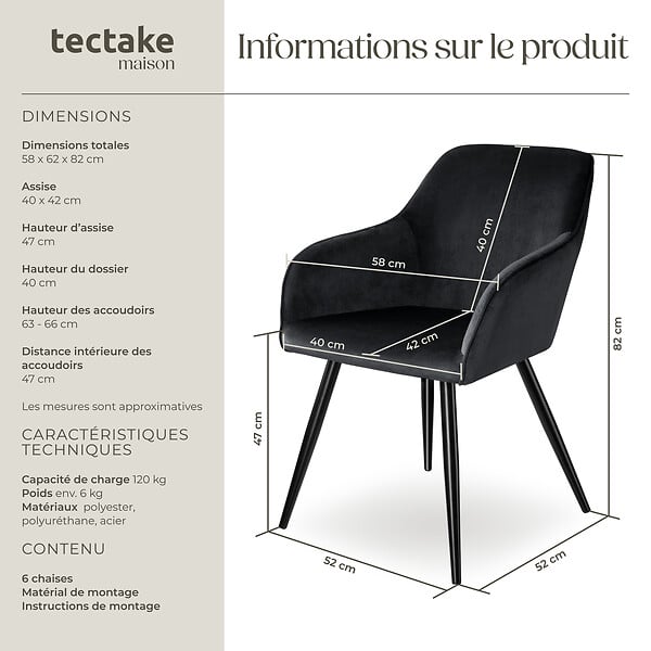 TECTAKE - Ensemble de 6 chaises effet velours rembourrées ergonomiques noir - large