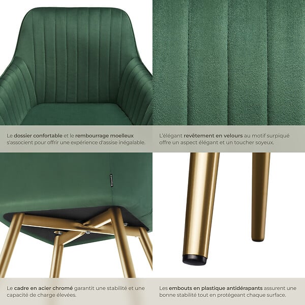 TECTAKE - Lot 6 chaises de salle à manger aspect velours matelassé vert/or - large