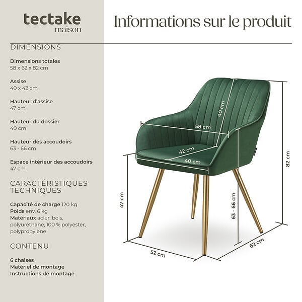 TECTAKE - Lot 6 chaises de salle à manger aspect velours matelassé vert/or - large