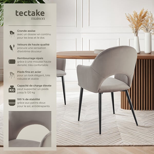 TECTAKE - Lot 4 Fauteuils aspect velours rembourré max 120 kg taupe - large