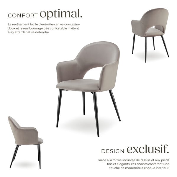TECTAKE - Lot 4 Fauteuils aspect velours rembourré max 120 kg taupe - large