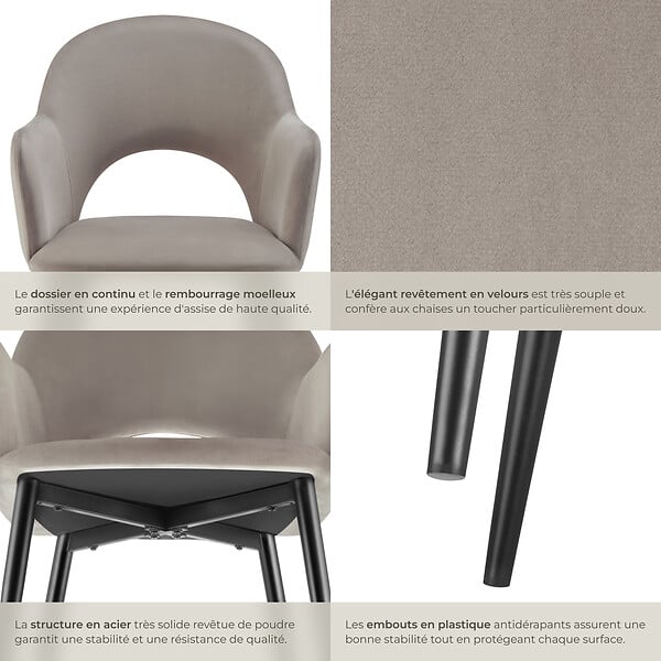 TECTAKE - Lot 4 Fauteuils aspect velours rembourré max 120 kg taupe - large