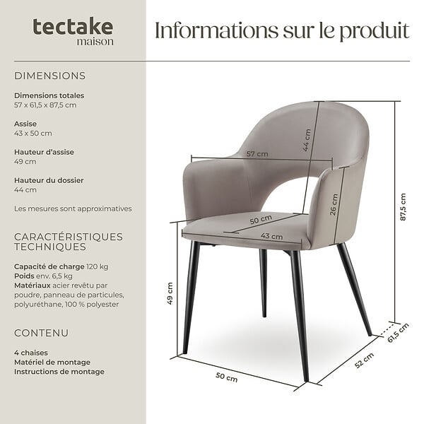 TECTAKE - Lot 4 Fauteuils aspect velours rembourré max 120 kg taupe - large