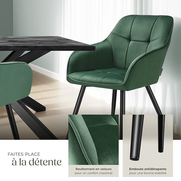 TECTAKE - Chaise rembourrée en velours matelassé avec dossier continu vert foncé - large