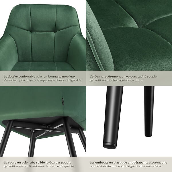TECTAKE - Chaise rembourrée en velours matelassé avec dossier continu vert foncé - large