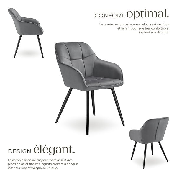 TECTAKE - Lot 4 chaises rembourrées en velours matelassé et dossier continu gris - large