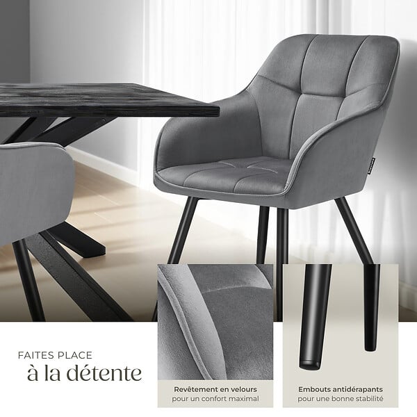 TECTAKE - Lot 4 chaises rembourrées en velours matelassé et dossier continu gris - large