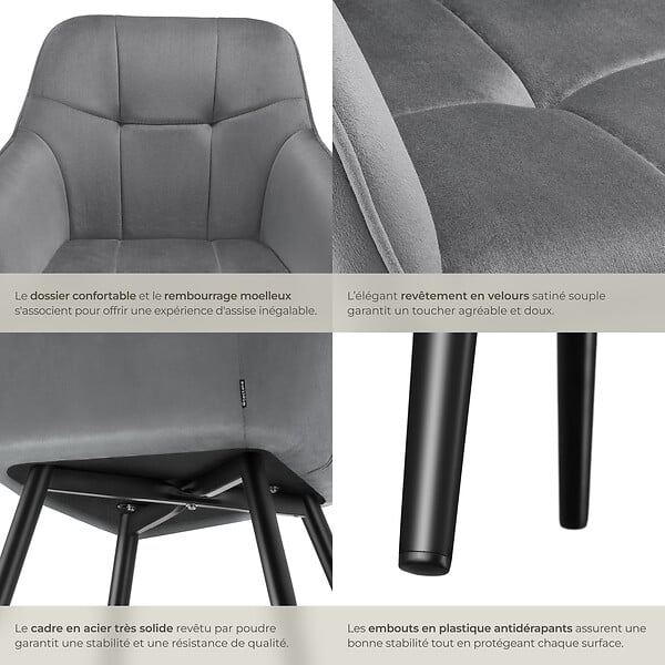 TECTAKE - Lot 4 chaises rembourrées en velours matelassé et dossier continu gris - large