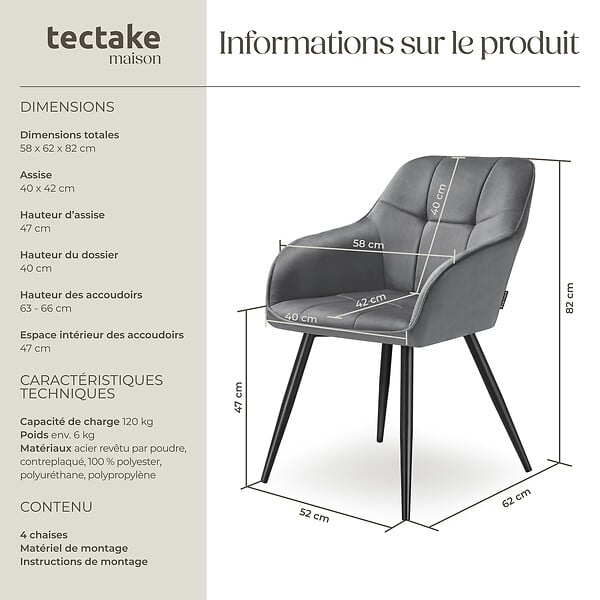 TECTAKE - Lot 4 chaises rembourrées en velours matelassé et dossier continu gris - large