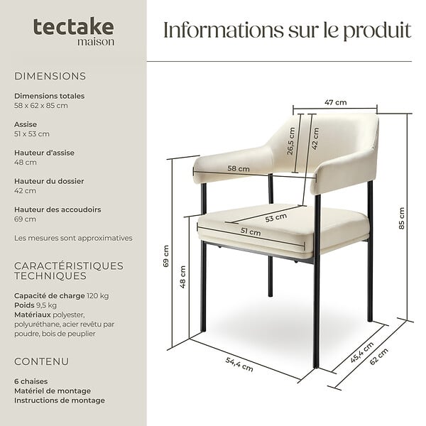 TECTAKE - Lot 6 fauteuils rembourrés avec pieds en acier dossier continu blanc - large