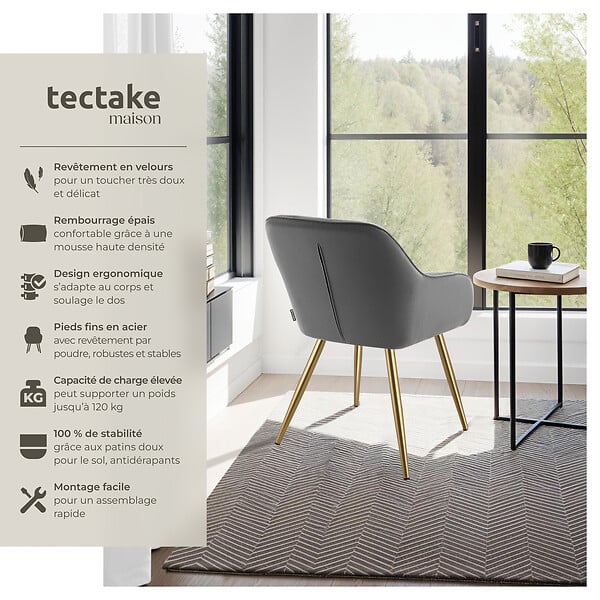 TECTAKE - Lot 4 chaises élégantes aspect corde forme ergonomique gris/doré - large