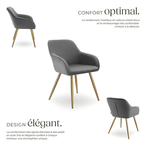 TECTAKE - Lot 4 chaises élégantes aspect corde forme ergonomique gris/doré - large