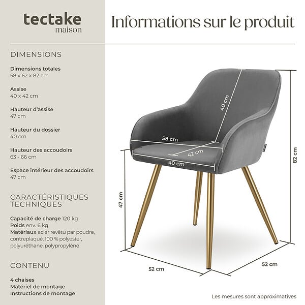 TECTAKE - Lot 4 chaises élégantes aspect corde forme ergonomique gris/doré - large