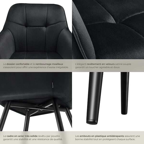 TECTAKE - Lot 2 chaises rembourrées en velours matelassé et dossier continu noir - large