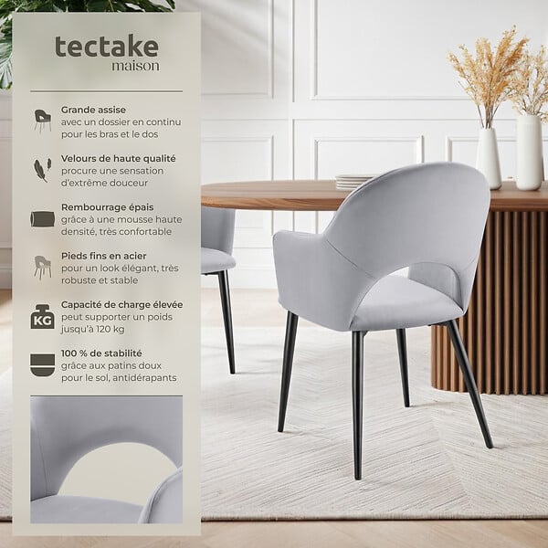 TECTAKE - Lot 6 Fauteuils aspect velours rembourré max 120 kg gris clair - large