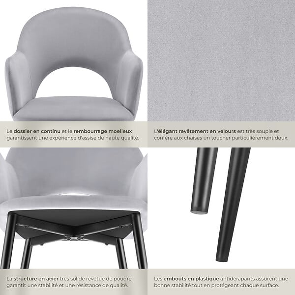 TECTAKE - Lot 6 Fauteuils aspect velours rembourré max 120 kg gris clair - large