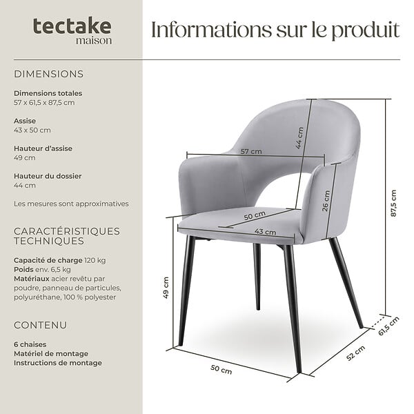 TECTAKE - Lot 6 Fauteuils aspect velours rembourré max 120 kg gris clair - large