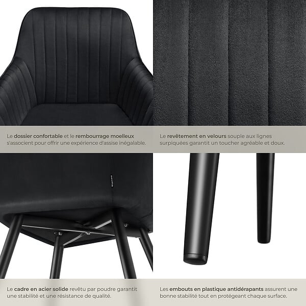 TECTAKE - Lot 2 chaises de salle à manger en velours matelassées noir - large