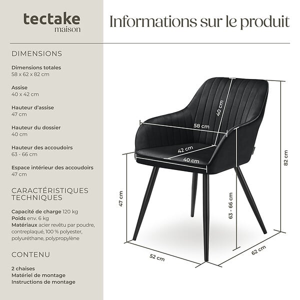 TECTAKE - Lot 2 chaises de salle à manger en velours matelassées noir - large