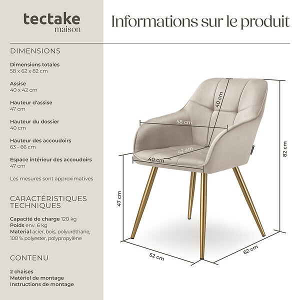 TECTAKE - Lot 2 chaises de salle à manger avec aspect velours capitonné taupe/or - large