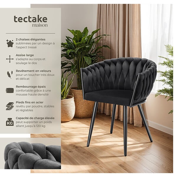 TECTAKE - Lot 2 chaises de salle à manger en velours design noué noires - large
