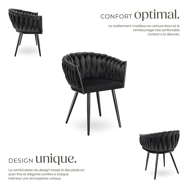 TECTAKE - Lot 2 chaises de salle à manger en velours design noué noires - large