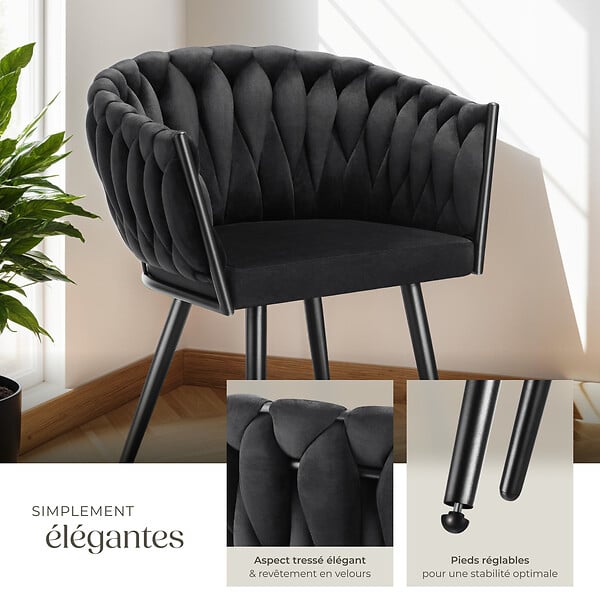 TECTAKE - Lot 2 chaises de salle à manger en velours design noué noires - large