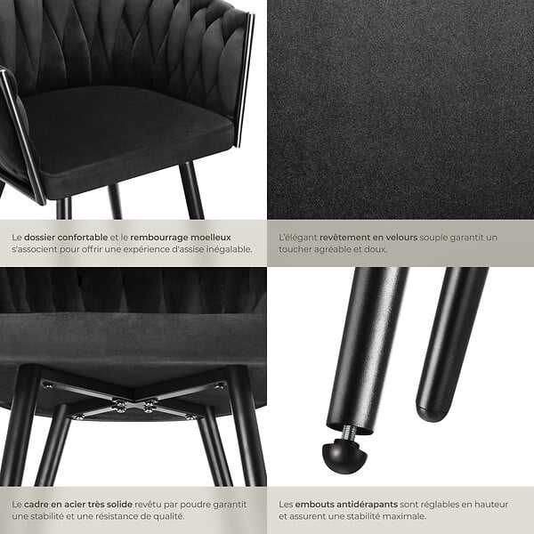 TECTAKE - Lot 2 chaises de salle à manger en velours design noué noires - large
