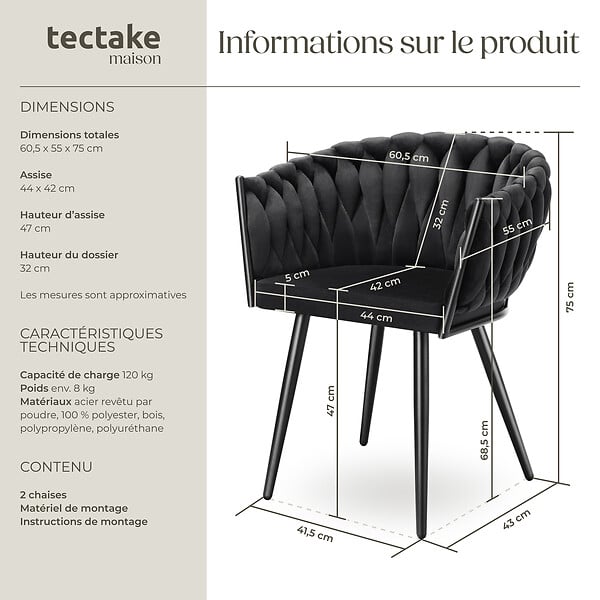 TECTAKE - Lot 2 chaises de salle à manger en velours design noué noires - large