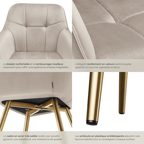 TECTAKE - Chaise de salle à manger avec aspect velours capitonné taupe/doré - large