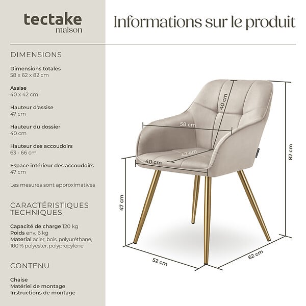 TECTAKE - Chaise de salle à manger avec aspect velours capitonné taupe/doré - large