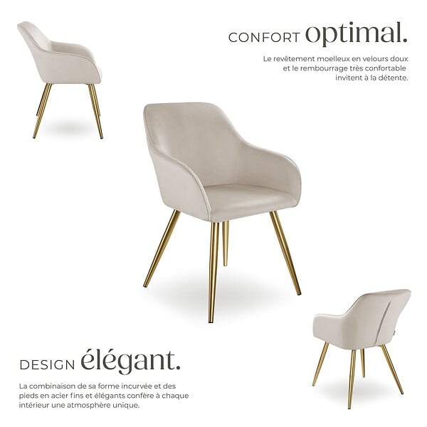 TECTAKE - Ensemble de 4 chaises rembourrées aspect velours taupe/or - large