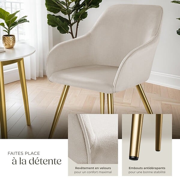 TECTAKE - Ensemble de 4 chaises rembourrées aspect velours taupe/or - large
