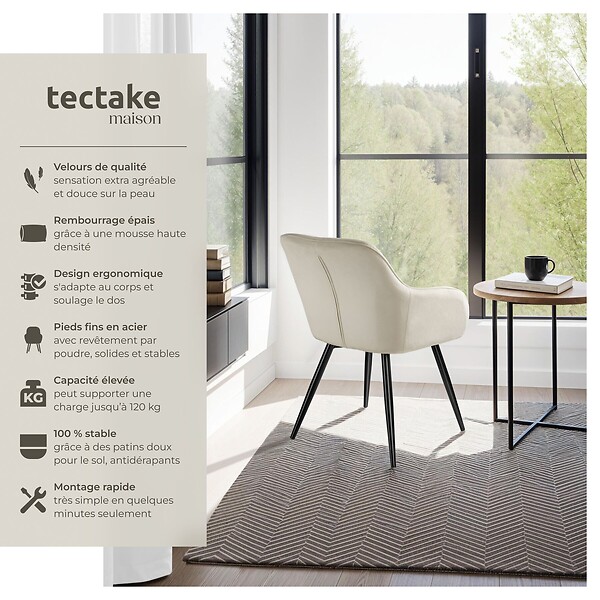 TECTAKE - Ensemble de 6 chaises rembourrées effet velours crème et noir - large