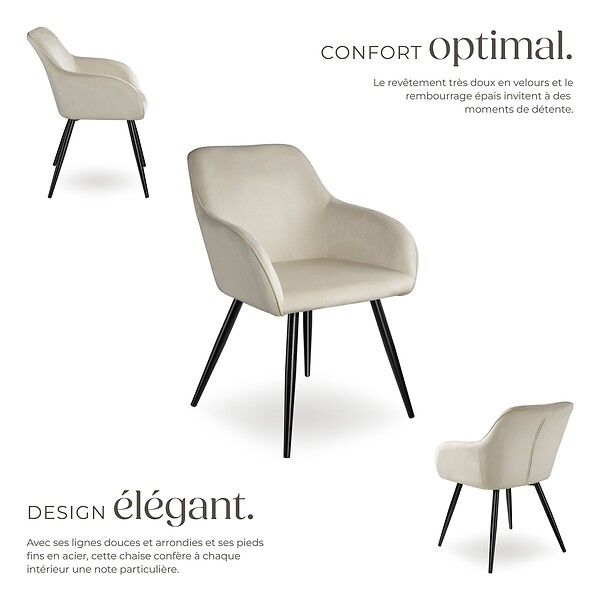 TECTAKE - Ensemble de 6 chaises rembourrées effet velours crème et noir - large