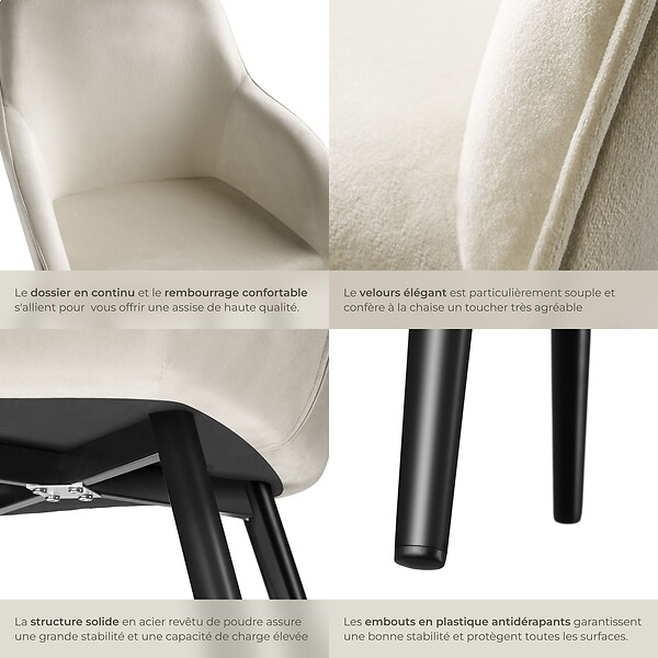 TECTAKE - Ensemble de 6 chaises rembourrées effet velours crème et noir - large