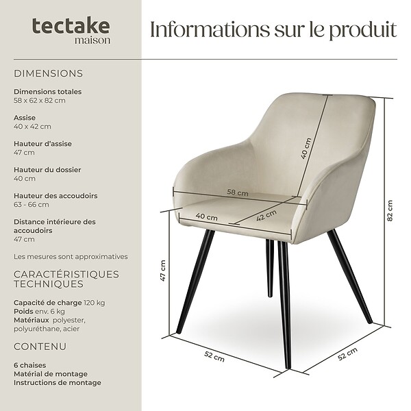 TECTAKE - Ensemble de 6 chaises rembourrées effet velours crème et noir - large