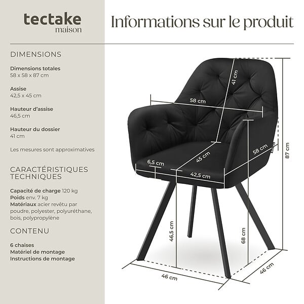 TECTAKE - Lot 6 fauteuils pivotants 180° velours rembourrés motif matelassé noir - large